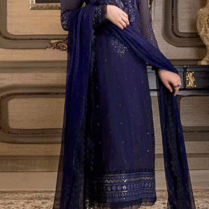 Graceful Embroidered Navy Blue Chiffon Wedding Dress for Pakistani Brides & Occasions